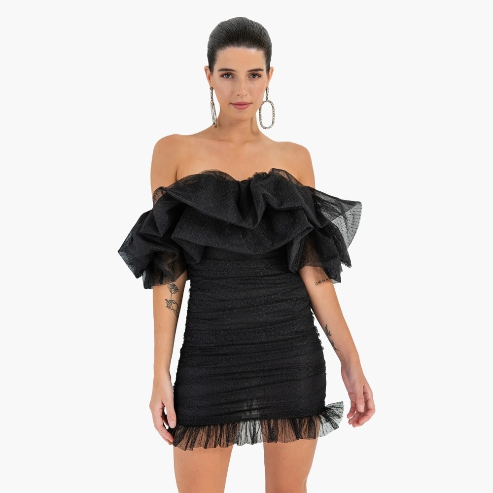 Black Tulle Ruffle Off Shoulder Ruched Mini Dress Coquette Glam Cocktail Party